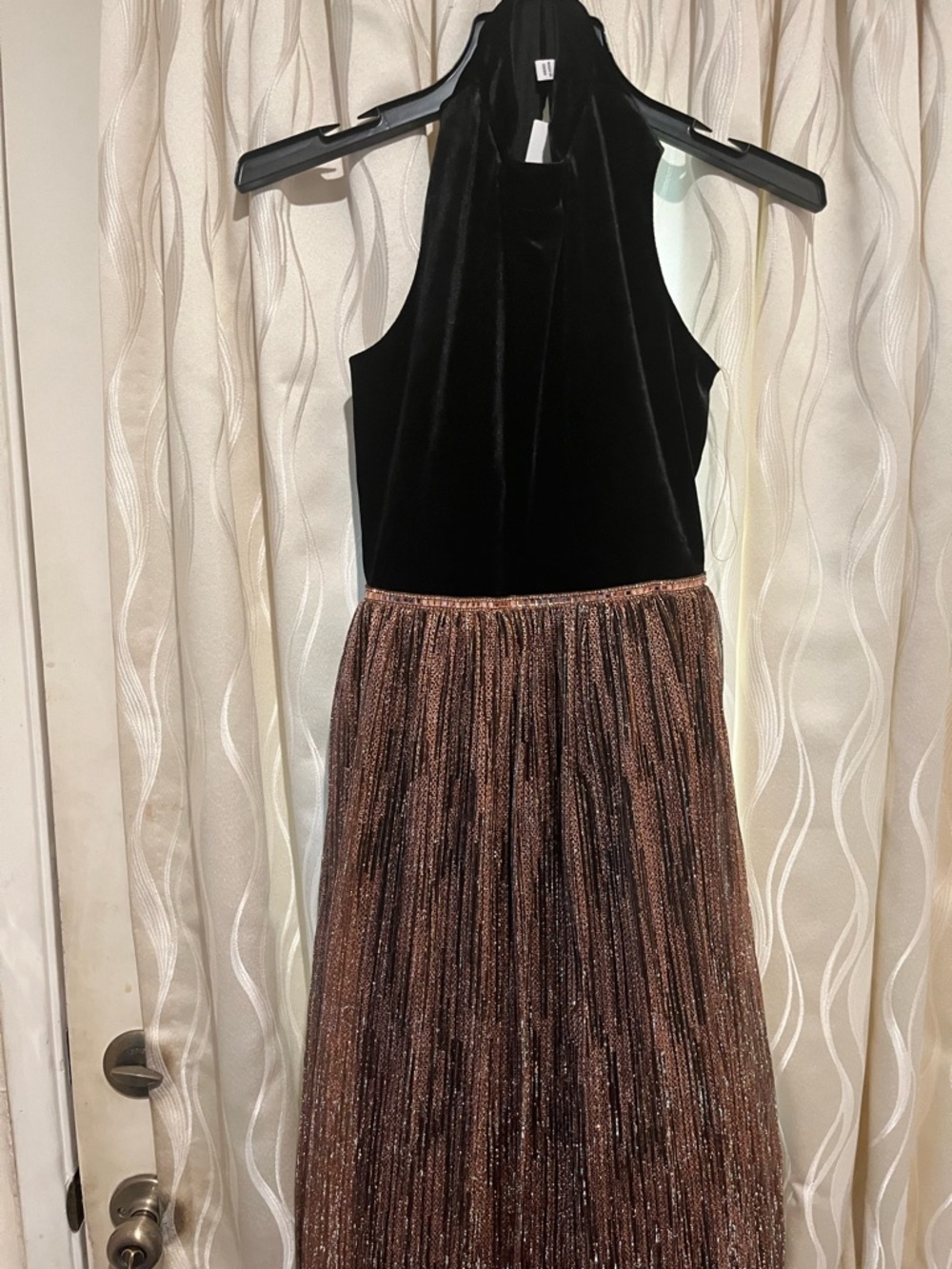 Speechless Black Velvet Halter Dress with Shimmery Brown Pleated Skirt